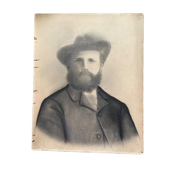 Antique Victorian Charcoal Chalk Sepia Portrait Of Bearded Man In Hat - Picture 1 of 7